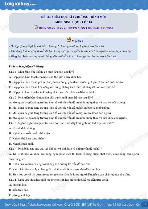 Đề thi giữa kì 1 Sinh 10 Kết nối tri thức - Đề số 7